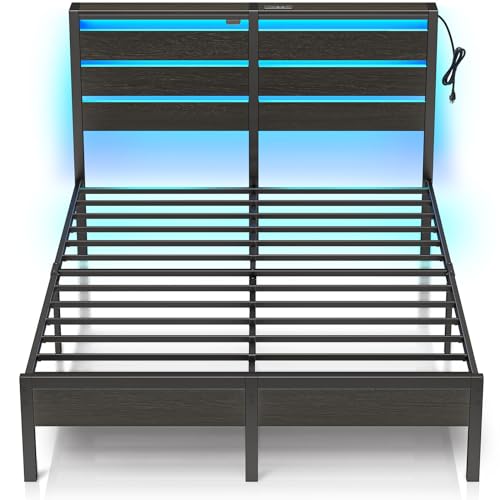 Rolanstar Bed Frame Full Size with USB Charging Station, LED Bed Frame with Wood Storage Headboard, Black Metal Platform Bed with Under Bed Storage, No Box Spring Needed, Noise Free