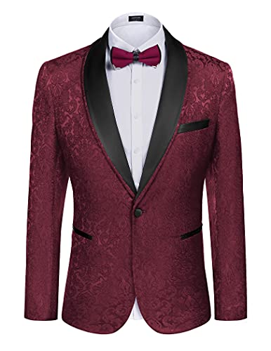 COOFANDY Men's Floral Tuxedo Suit Jacket Dinner Jacket Party Prom Wedding Blazer Jackets, Wine Red, Large