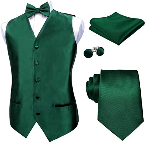 Alizeal Mens Solid Color Satin Pre-tied Bow Tie, 9cm Necktie, Hanky, Cufflinks and Waistcoat Set, Dark Green-M