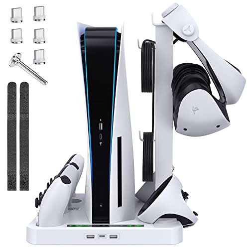 Hastraith Stand for PSVR 2 & PS5 Console, [5 in 1] Stand with Cooling Fan, Dual Controller Magnetic Charging Port, Charging Indicator Light, Storage Stand