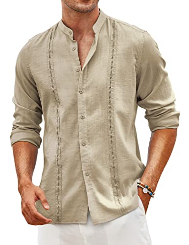 COOFANDY Men's Long Sleeve Linen Shirt Casual Button-Down Shirt Beach Wear for Men Khaki