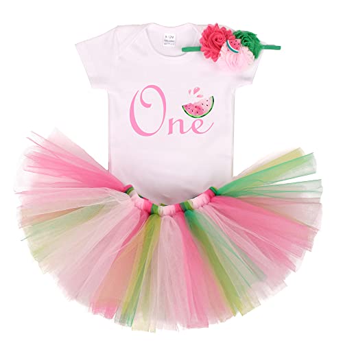 Baby Girls Strawberry Pineapple Peach Watermelon 1st Birthday Tutu Outfit Cotton Romper+Tutu Skirt+Headband Fruit Cake Smash (Watermelon #1, 12-18mths)