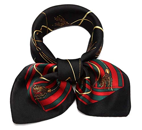 ANDANTINO 100% Pure Mulberry Silk Small Square Scarf -21'' x 21''- Breathable Lightweight Headscarf - Women Men Neckerchief (Black & Red)