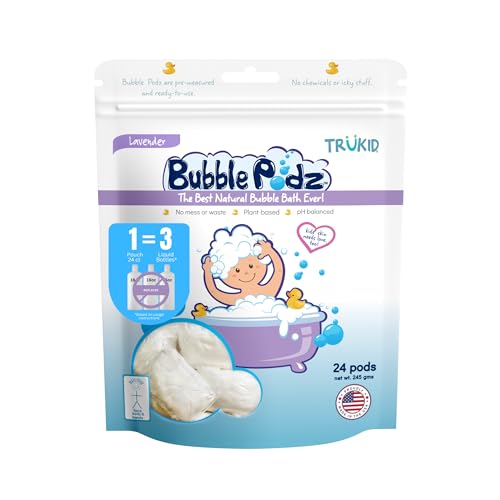 TruKid Bubble Podz Bubble Bath for Baby & Kids, Gentle Refreshing Bath Bomb for Sensitive Skin, pH Balance 7 for Eye Sensitivity, Natural Moisturizers and Ingredients, Lavender (24 Podz)