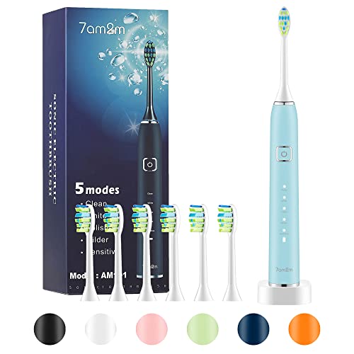 7AM2M Sonic Electric Toothbrush with 6 Brush Heads for Adults and Kids, One Charge for 90 Days,Wireless Fast Charge, 5 Modes with 2 Minutes Built in Smart Timer, Electric Toothbrushes(Light Blue)