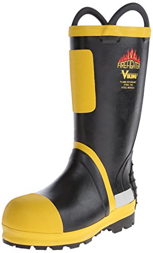 Viking Men's 14” Felt Lined Firefighter and EMS Boots with Chemical Resistant FR Upper, and Steel Toe, EH, Black/Yellow - 9 M US