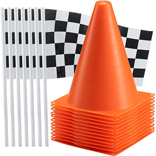 Traffic Cones and Racing Checkered Flags - (24 Pcs) 12 - Black and White Flags on Sticks and 12-8-Inch Mini Orange Sports Safety Cones for Kids - Race Car Theme Birthday Party Supplies