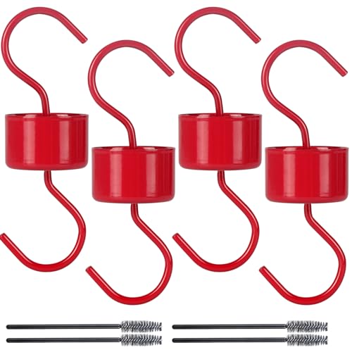 Metal Ant Moat for Hummingbird Feeders, Red Hummingbird Feeder Ant Guard, 4 Hooks with 4 Brushes