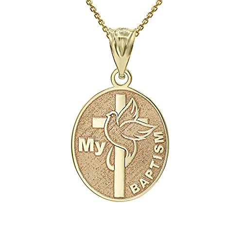 Personalized Name 14k Yellow Gold My Baptism Dove Cross Engravable Oval Pendant Necklace, 18'