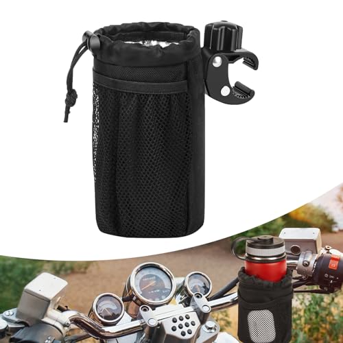 ZBGUN 1 PC Motorcycle Cup Holder, 5.5 x 3.9 Cylinder Waterproof Oxford Cloth Stroller Water Bottle Hanger with Elastic Mesh, Clip-on Rotary Screw Mount Cup Pocket, Universal for Motorcycles (Black)