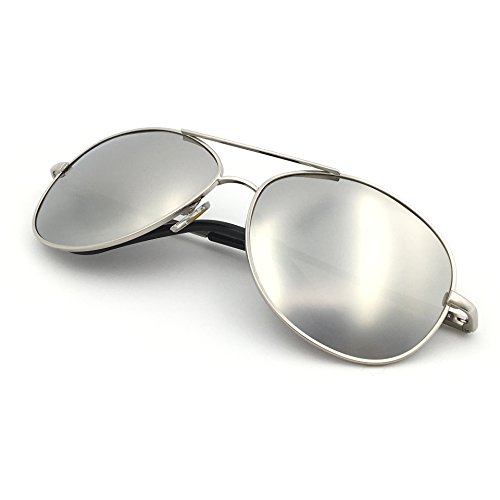 J+S Premium Military Style Classic Aviator Sunglasses, Polarized, 100% UV protection for Men Women (Medium Frame - Silver Frame/Silver Mirror Lens)