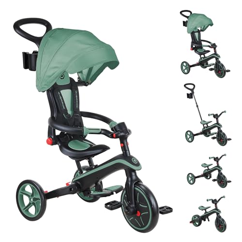 Globber Foldable 5-in-1 Toddler Trike Push Bike Stroller – Compact Learning Tricycle for Toddlers Converts Into Balance Bike – Safe Outdoor Ride On Toys for Kids (Olive Green)