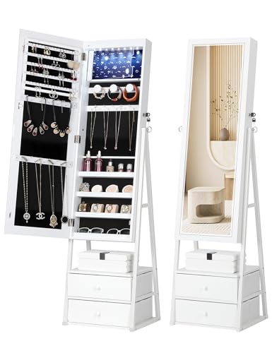 Nicetree Jewelry Cabinet Armoire with 2 Drawers, Lockable Standing Jewelry Mirror Cabinet, Full Length Mirror with Jewelry Storage, White