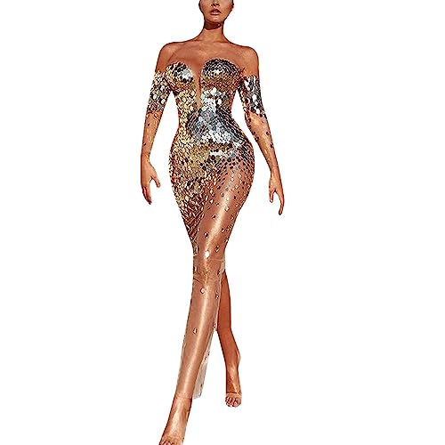 Women's Sequined One Houlder Sexy Mesh See Through Long Evening Gown Womens Plus Long Dresses (Gold, XL)