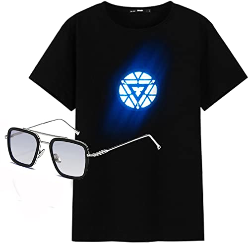 Arc Reactor T-Shirt with Tony Stark Sunglasses, Illuminate T-Shirt Iron Man Heart Reactor Cosplay Novelty Costume Stark (M) Black