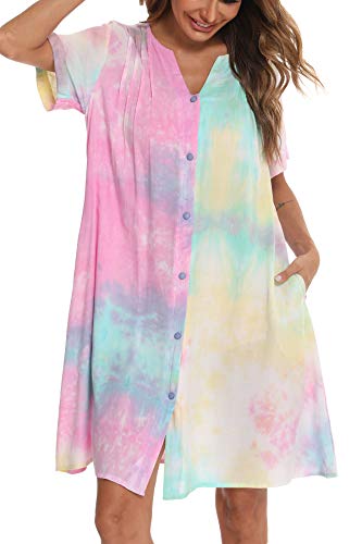 YOZLY House Dress Women Cotton Duster Robe Short Sleeve Housecoat Button Down Nightgown (Multicolor, XL)