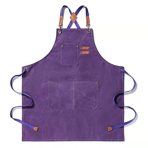 Tosewever Canvas Cross Back Chef Cotton Aprons for Men Women with Large Pockets (Purple)