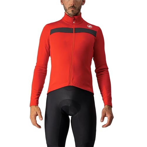 Castelli Men's Puro 3 Jersey FZ, Fleece Insulated Long Sleeve Zip Up with High Collar for Road and Gravel Biking I Cycling - Red/Black Reflex - X-Large