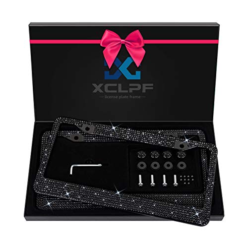 Sparkly Rhinestone License Plate Frame for Women - Stainless Steel with 1200 Black Glass Crystals