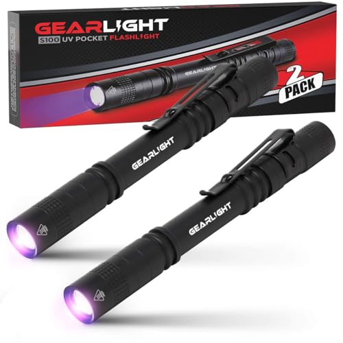 GearLight UV Black Light Flashlight S100 [2 Pack] - Mini Blacklight Ultraviolet Pen Lights for Leak and Hotel Inspection - Pet Urine, Bed Bug, Scorpion, Stain, and Dye Detector