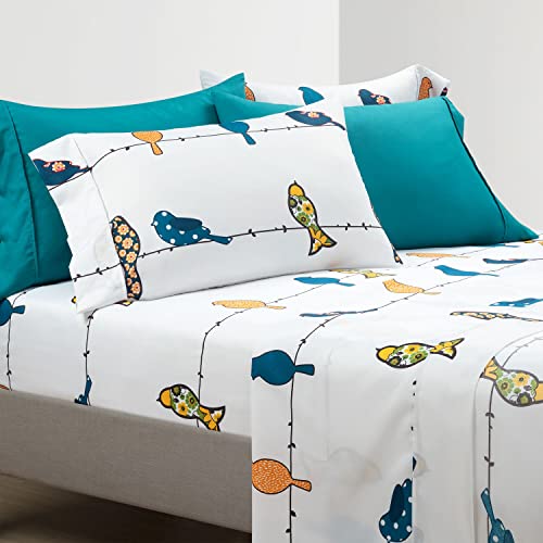 Lush Decor Rowley Birds Soft Sheet Set, 6 Piece Set, Full, Multi - Colorful Bird Sheets - Whimsical & Playful Floral Bird Pattern - Soft, Durable, & Comfortable Printed Bed Sheets