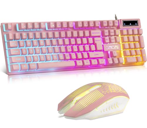 CHONCHOW Pink Gaming Keyboard and Mouse Combo with Backlit, Function Keys, 19 Keys Anti-ghosting for Gamer on PC Laptop Computer Mac PS4 Xbox, Cute Wired Light Up Keyboard & RGB Mouse, Gift for Girl