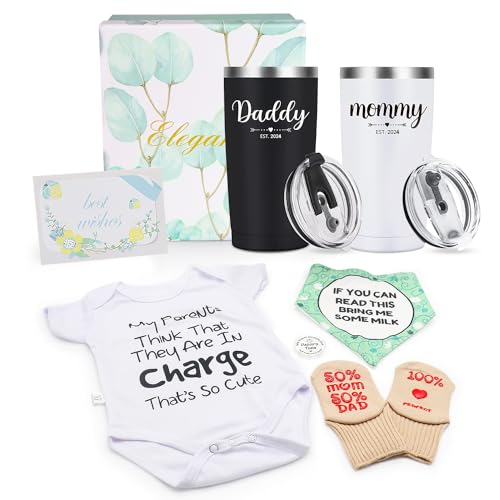Pregnancy Gifts for First Time Moms, Daddy and Mommy Est 2024 20oz Insulated Tumblers Set Baby Onesie Socks Bib Decision Coin - Top New Parents Gifts for Mom and Dad to Be - Idea for Baby Shower