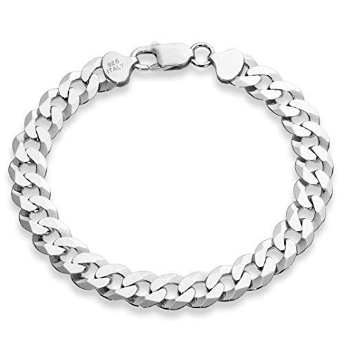 Miabella 925 Sterling Silver Italian Solid 9mm Diamond-Cut Cuban Link Curb Chain Bracelet for Men, Made in Italy (8 Inches (Small))