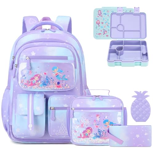 ACESAK Kids School Backpack for Girls, Mermaids Bookbag Backpack with 43OZ Bento Lunch Box, Lunch Bag for Girls Kids Teens Elementary Middle School Student, Girls Backpack for School (4pcs Bento Box)