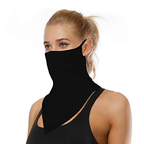 YAYOUREL Solid Black Bandana Neck Gaiter Face Mask Covering Bandanas for Men Women Summer UV Cooling Face Scarf Mask Cover Ear Loop Hole Triangle Facemask Headwear for Fishing Running Cycling Hiking
