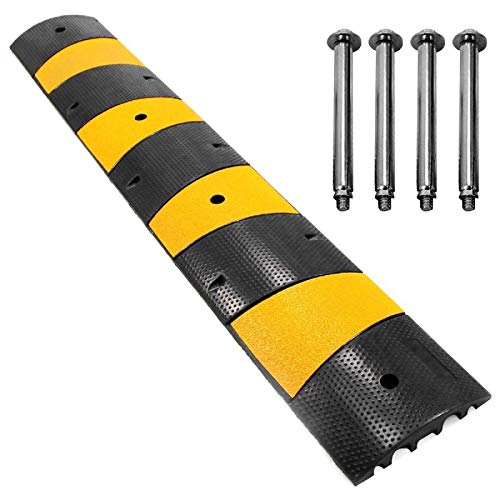 Scinotec 6 Feet Rubber Speed Bumps 1 Pack 2 Channel Reductores De Velocidad 27000Lbs Load Capacity 72' Traffic Speed Humps with 4 Bolt Spike for Asphalt Concrete Gravel Driveway
