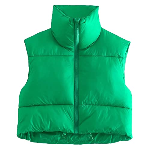 KEOMUD Women's Winter Crop Vest Lightweight Sleeveless Warm Outerwear Puffer Vest Padded Gilet Green Medium