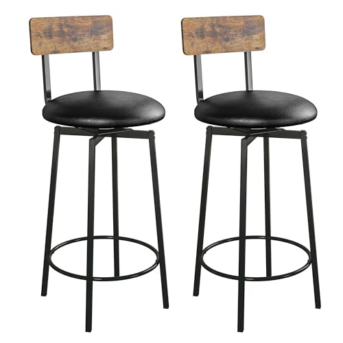 IRONCK Bar Stools Set of 2, Wider Base PU Upholstered Swivel Barstools for Kitchen Island, Thick Cushion Stools with Footrest for Dining Room Kitchen Counter Bar, Rustic Brown and Black