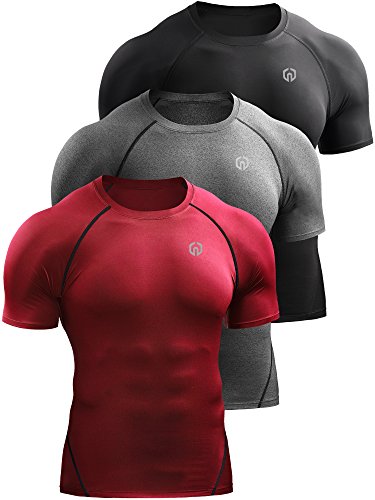 NELEUS Men's 3 Pack Compression Baselayer Athletic Workout T Shirts,5022,Black,Grey,Red,US M,EU L