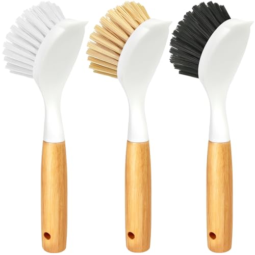 Holikme 3 Pack Dish Brush Set with Bamboo Handle, Kitchen Scrub Brush for Cleaning Dish, Pot, Sink and Stove, Skillet Scrubber with Tough Bristles for Cast Iron Grill Pan, Yellow White Black