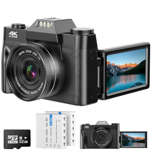 4K Digital Camera for Photography Point and Shoot Digital Camera for Kid 56MP Auto-Focus Vlogging Camera for YouTube 16X Digital Zoom Compact Camera with 3.0'' Screen, 32GB SD Card, 2 Batteries