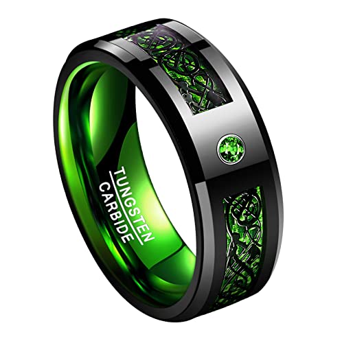 TUNGSTORY 8mm Men's Dragon Engagement Band Green Carbon Fiber and CZ Inlay Black Tungsten Carbide Promise Ring Size 8.5