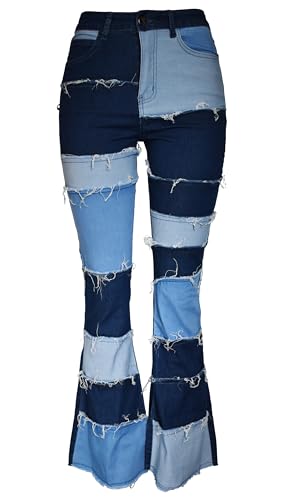 Aodrusa Women Patch Flare Jeans Bell Bottom Raw Hem Denim Pants Blue US 14