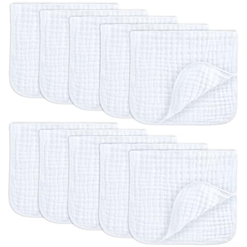 Comfy Cubs Muslin Burp Cloths Large 100% Cotton Hand Washcloths Set for Babies, Baby Essentials 6 Layers Extra Absorbent and Soft Boys & Girls Baby Rags for Newborn Registry (White, 10-Pack, 20' X10')