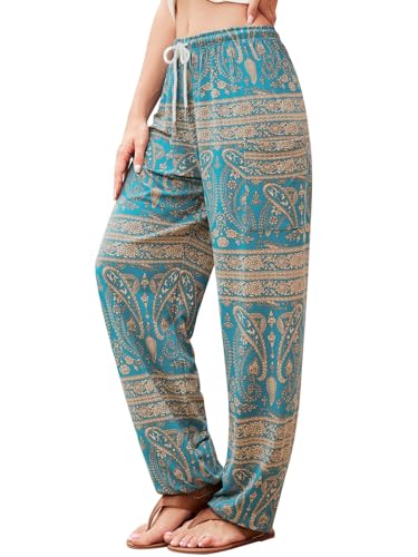 QIANXIZHAN Women's Harem Pants, Hippie Palazzo Pants Boho Joggers Yoga Clothes with Pockets Cyan Flower S