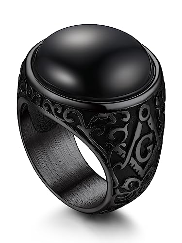 Bandmax Stainless Steel Men Ring Size 13 Black Onyx Ring Biker Black Ring Masonic Signet Ring Black Gem Stone Statement Ring Freemason Jewelry