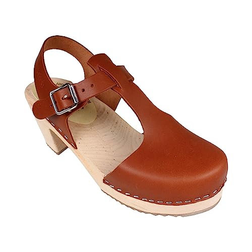 Lotta From Stockholm Swedish Classic Clogs - Tan Leather Clogs for Women | Highwood Tbar High Heel Clogs | Wooden Sole | Shaped Footbed | Handcrafted in Sweden Size 39