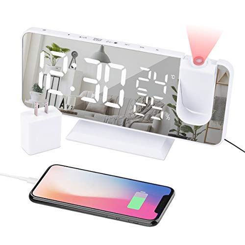 EVILTO Projection Alarm Clock for Bedroom Ceiling Digital Clock Radio with USB Charger Ports, 7.3' Large LED Screen, 4 Dimmer, Dual Alarm Clock with 2 Sounds, Snooze, White