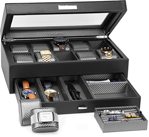 HOUNDSBAY Yachtsman Watch Box Organizer | Luxury Jewelry Organizer with Drawer, Ring Tray & Glass Lid | Great EDC Display Case for Storage | Ideal Gift for Men