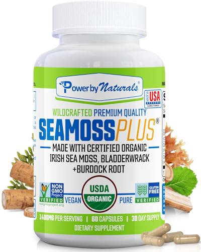Power By Naturals Sea Moss Plus - USDA Certified Organic Irish Sea Moss Capsules w/Wild Harvested Irish Seamoss, Bladderwrack & Burdock Root Immunity Supplement Sea Moss Pills for Adult 60Ct - 1 Pack
