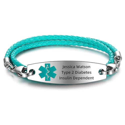 Medical ID Bracelets for Men Women with Green Rolo Leather Rope | Medical Alert Interchangeable Replacement Bracelet | Stainless Steel Personalized Medical ID Tag - 7.0 Inches | Free Engraving