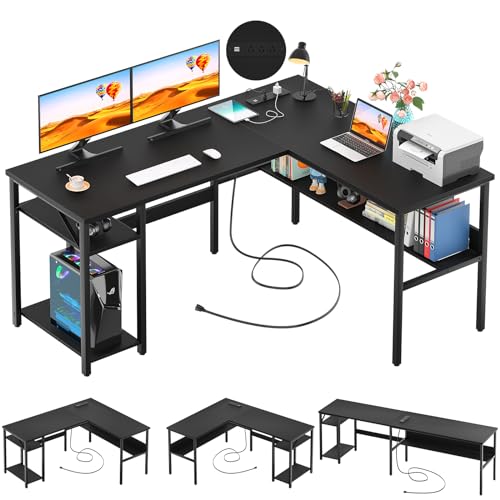 Unikito Reversible L Shaped Desk with Magic Power Outlets and USB Charging Ports, Sturdy Corner Computer Desk with Storage Shelves, Gaming Table Home Office Desk, Easy to Assemble, Black