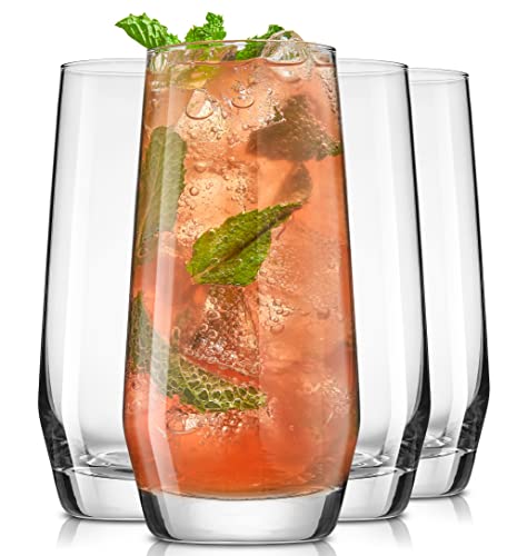JoyJolt Gwen 18oz Highball Glasses, 4pc Tall Glass Set. Lead-Free Crystal Drinking Glasses for Water, Mojitos, Tom Collins, and Cocktails.