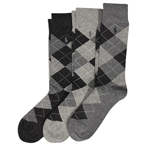POLO RALPH LAUREN Men's Argyle Dress Crew Socks 3 Pair Pack - Soft and Lightweight Cotton Comfort, Charcoal Assorted, 6-12.5
