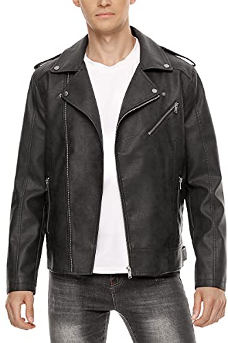 Fahsyee Leather Jackets for Men, Faux Bomber Jacket Men Motorcycle Lapel Asymmetric Zip-Up Slim Fit Biker Coat Black L